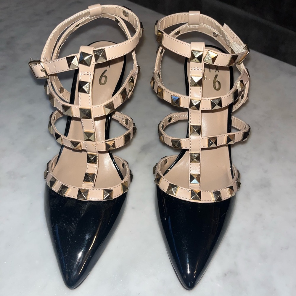 Faux patent leather pumps